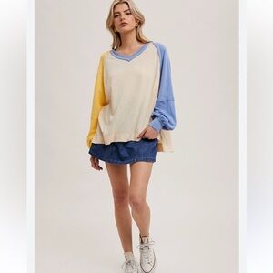 Free People Care Tri Color Tee VNeck Oversized Blue Yellow Linen Cotton Soft Sm
